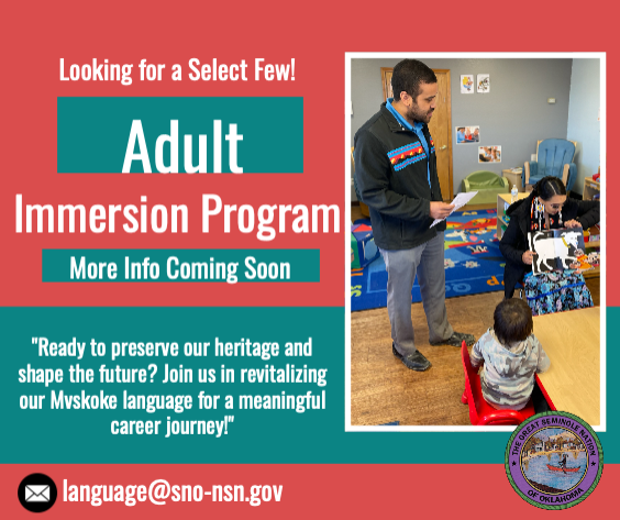 Ad picture of a female reading a preschool group a book. Ad says: Looking for a select few! Adult Immersion Program. More info. coming soon. language@sno-nsn.gov